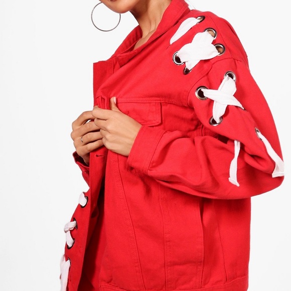 Stephanie Eyelet Lace-Up Oversized Denim Jacket - Picture 3 of 8